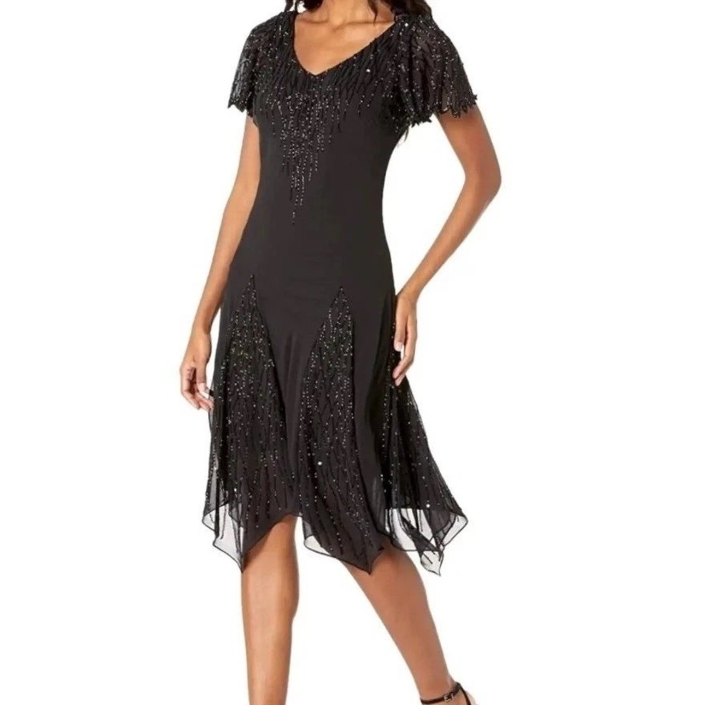 JKara Black Beaded Handkerchief Hem Cocktail Dress Size 16 V-Neck Flutter